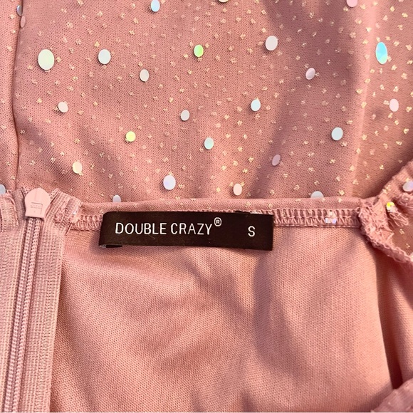 Double Crazy Dusty Pink Square Neck Contrast Sequin Mesh Bodycon Dress - Picture 3 of 10